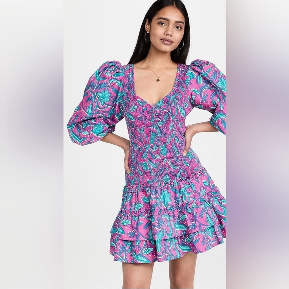 Love The Label Smocked Mini Dress Lola Pink Print Puff Sleeve-Medium